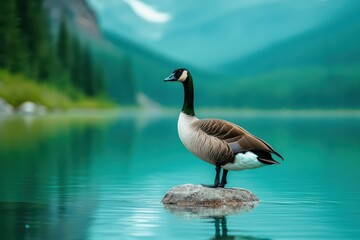 A Canada goose stands on a rock in a mountain lake, gazing intently toward the shore.
