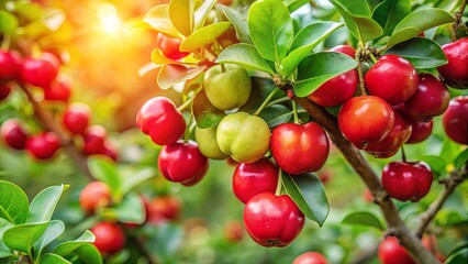 Fototapeta premium Close-up of a vibrant and high vitamin Acerola cherry of Thailand on a tree
