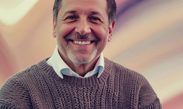 Medium shot portrait video of a pleased man in his 40s wearing a cozy sweater against an abstract background