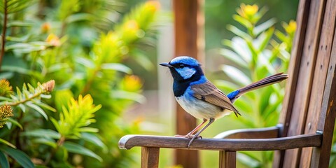 Outdoor porch with surrounding garden and a blue wren perched on the back of a chair, outdoor, porch, garden, blue wren, chair