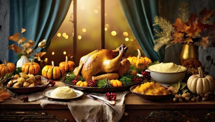 A golden roasted turkey sits as the centerpiece on a festive Christmas table, surrounded by savory sides, holiday decor, and twinkling lights, ready for a joyful family feast.