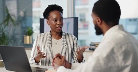 Laptop, business people and team planning, discussion or brainstorming at creative startup. Computer, mentor or African manager teaching worker for analysis, data or stats with ux researcher learning - Powered by Adobe
