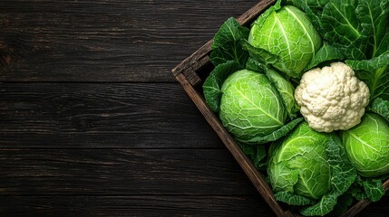 Freshly picked green cabbage and cauliflower heads rest in an aged wooden crate.





