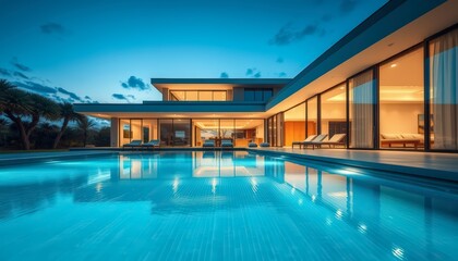Modern Luxury Villa with Swimming Pool at Dusk.