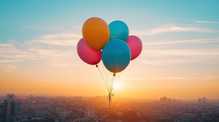 Fototapeta premium A colorful bunch of balloons tied together, rising above a cityscape, with the sun setting in the background.