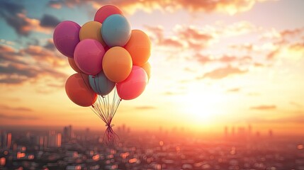 Fototapeta premium A colorful bunch of balloons tied together, rising above a cityscape, with the sun setting in the background.