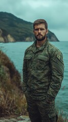 Naklejka premium A soldier in uniform stands on the seashore in Crimea, representing the theme of modern warfare.