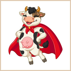 Cartoon superhero cow in red cape posing