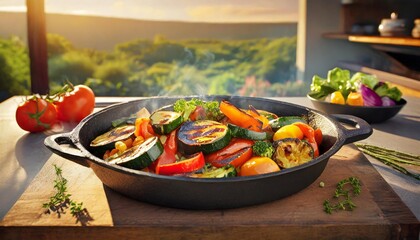 A vibrant dinner features grilled vegetables like zucchini, bell peppers, and asparagus, seasoned with olive oil and herbs. Smoky, charred, and flavorful, it is both healthy and savory