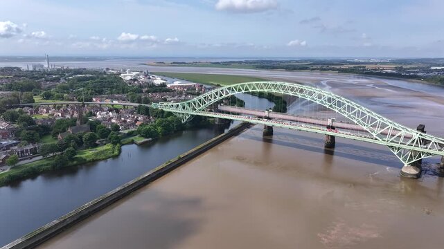 Iron Bridge Spanning the River Mersey Aerial View
