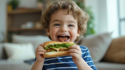 Joyful Youngster Enjoying Vegan Sandwich in Contemporary Living Space