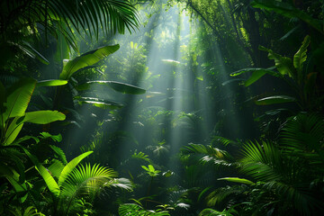 A serene jungle scene with sunlight filtering through dense foliage.