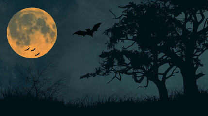 Fototapeta premium Spooky Silhouettes: Eerie shapes of bats, witches, and haunted trees against a moonlit sky with ample copy space