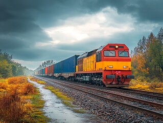 Fototapeta premium A freight train loaded with containers passing through a rural landscape under overcast lighting