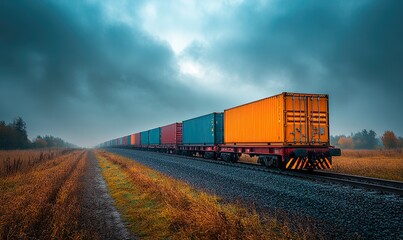 Obraz premium A freight train loaded with containers passing through a rural landscape under overcast lighting