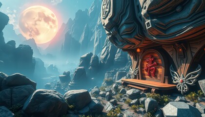 Mystical Mountaintop Hut with a Red Moon.