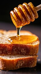 A pair of fresh bread slices with honey oozing down the edges, perfect for a morning meal.






