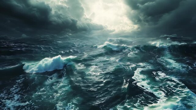 Turbulent ocean surges beneath storm-laden sky. Intricate patterns of swirling waves and wind-tossed spray stretch across vast expanse. 