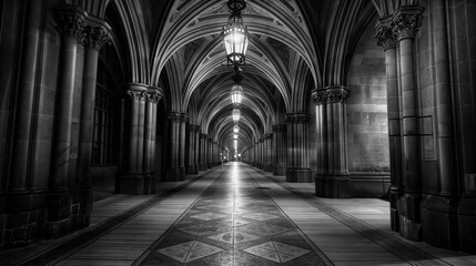 Naklejka premium a gothic hallway at dusk atmospheric passageways