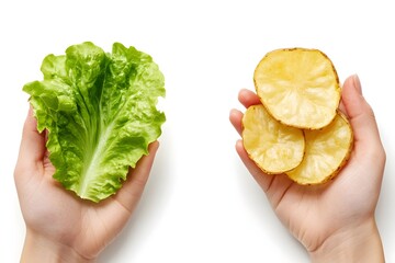 Woman hands holding lettuce and chips on white background representing healthy and unhealthy food choices