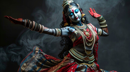 A dancer portraying a goddess in traditional attire, surrounded by ethereal smoke.