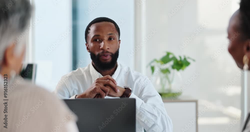 Wall mural Businessman, people and conversation in office for meeting with management consultant, collaboration and client interaction. Laptop, discussion and planning for problem solving and corporate strategy