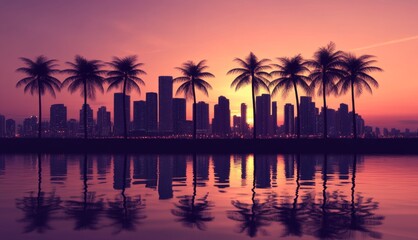 Obraz premium Tropical Cityscape Serenity: Silhouette of Urban Skyline and Palm Trees Reflected in Water at a Vibrant Sunset