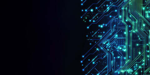 Glowing Futuristic Circuit Board Backdrop in Blue and Green with Copy Space for Digital Technology Themes