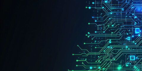 Futuristic Circuit Board Background with Glowing Blue and Green Digital Technology and Copy Space Backdrop