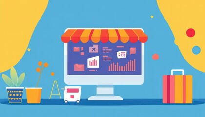 Online shop with computer screen, luggage, and plants.