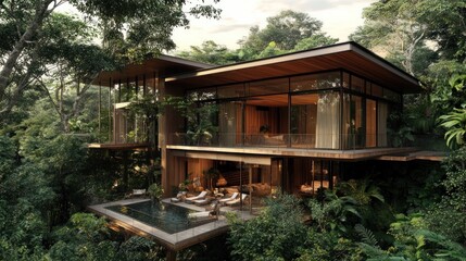 Naklejka premium Modern Luxury Villa in Tropical Jungle