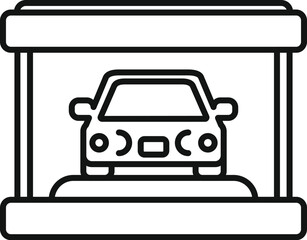 Line art icon of a car parked under a protective roof, symbolizing safe and covered parking