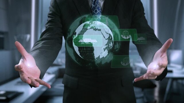 Business person implements green strategies, promoting sustainable growth. Discover how businesses lead with sustainable, green innovations for a healthier planet. UUID