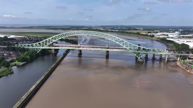 River Mersey Bridge and Vehicles Aerial View