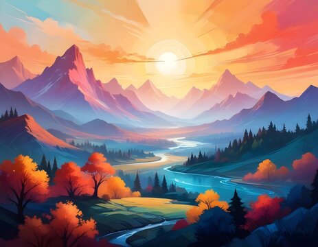 Sunset Over A Mountain Landscape Painting Generated With AI
