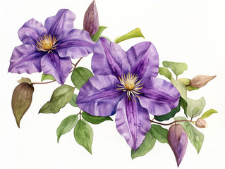 Fototapeta premium A detailed illustration of purple clematis flowers with green leaves and buds.