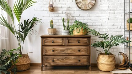 Wooden Dresser with Plants and a Clock on a White Brick Wall