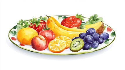 3D Watercolor Healthy Food Plate: Fruits, Vegetables & More