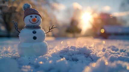 Cute snowman standing in snowy garden with morning sunlight