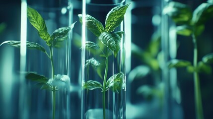 A close-up of bioengineered plants in test tubes, symbolizing the future of synthetic biology.
