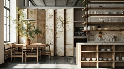 Modern Kitchen with Folding Screen and Open Shelving