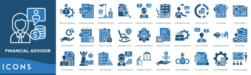 Financial Advisor icon. Wealth Management, Investment Planning, Retirement Strategies, Portfolio Analysis and Financial Consultation