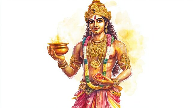 Lord Dhanvantari 3D Watercolor Image - Hindu Deity Holding Auspicious Potion