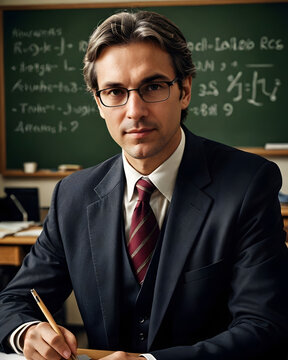 Retrato profesor escribiendo con un l&aacute;piz en un aula