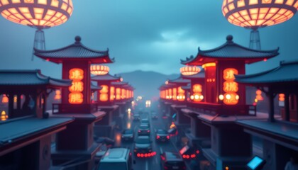 Chinese Lanterns Illuminate a City Street at Night.
