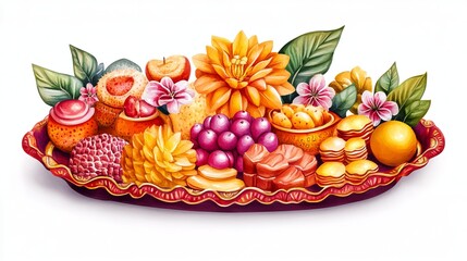 3D Watercolor Offering Tray with Fruits & Sweets | Digital Artwork