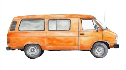 3D Watercolor Orange Van with Bold Outlines - Isolated Clip Art