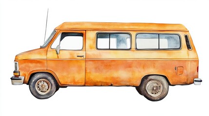 3D Watercolor Orange Van with Bold Outlines - Isolated Stock Image