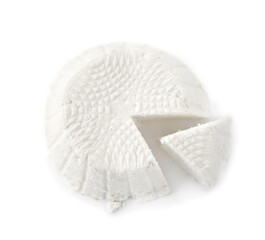 Fresh cut ricotta (cream cheese) isolated on white, top view