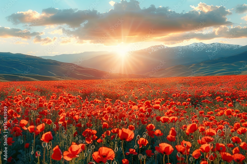 Sticker Poppy Field Sunset Landscape